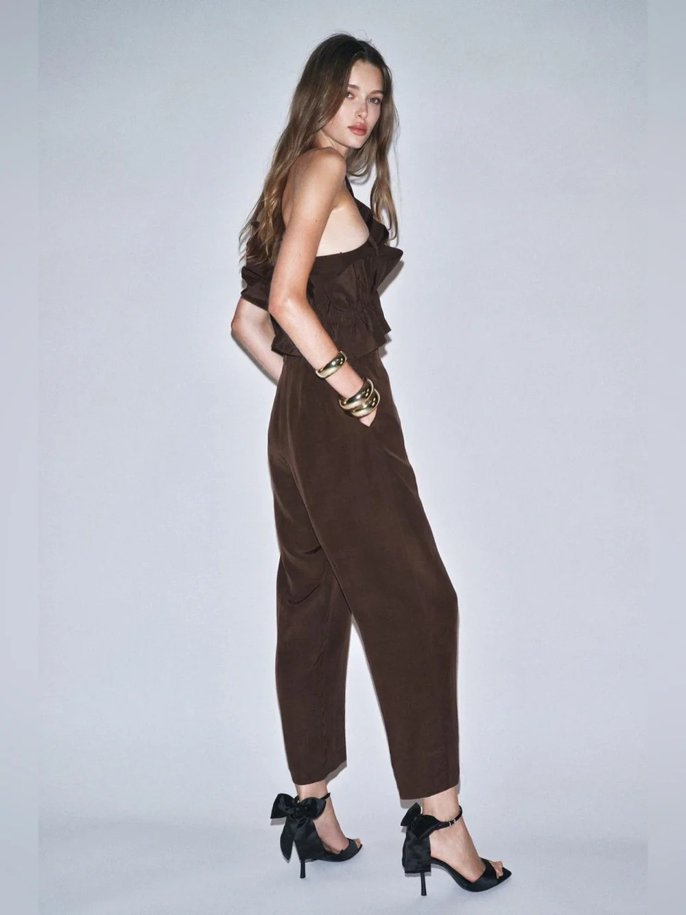 Zara Brown One-Shoulder Ruffle Jumpsuit